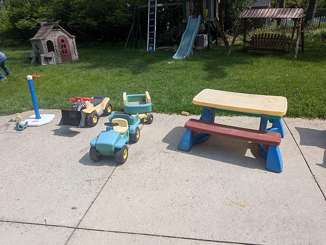 Toys, books, clothes, games, and kitchen! Teak patio set! cover